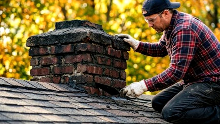 Crew repairing a brick chimney over autumn rooftops