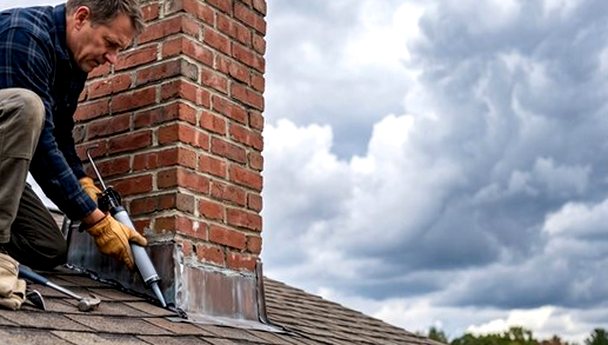 Sealant run along the chimney flashing line